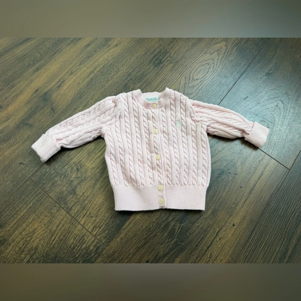 Bundle of Ralph Lauren Girls Pink Footie and Cable Knit Cardigan Size 6 Months